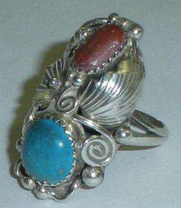 STERLING SILVER NATIVE AMERICAN INDIAN CORAL RING BY LUCY  