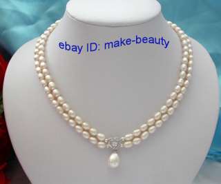   2rows 7mm white freshwater cultured pearls necklace&pendant  