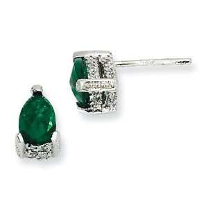 Rose cut Pear Simulated Emerald CZ Post Earrings in Sterling Silver