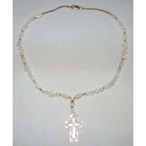  Unique Bethlehem Abalone Cross Necklace with off white 