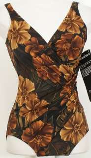 NWT MIRACLESUIT Brown Floral Oceanus Swimsuit 14  