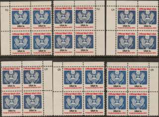 O127 Official Mail 1c Plate Blocks 6 Different, MNH  