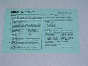 ADAMLink Modem Registration Card  Mint  Coleco ADAM / ColecoVision 