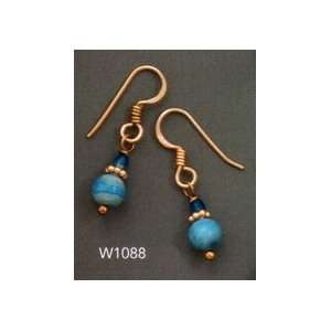 Copper French Wire Earrings w/7mm Blue Lace Agate and Crystal, 5/8 in 