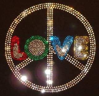 Rhinestone Peace Sign Love T Shirt, multicolor, lots of bling  