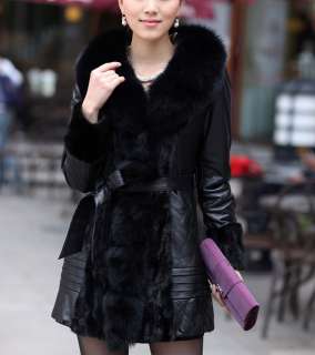 Black Brown Real Sheep Leather Mink Fur Collar Women Coat Size M L Xl 