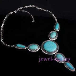 Round Turquoise Pendant Tibet Silver Chain Necklace  