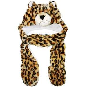  Leopard Raccon Hat with Long Mittens Plushy Animal Cap 