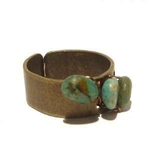  Turquoise Ring 02 Nugget Blue Green Brass Oval Crystal 