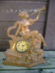 Antique Art Nouveau Metal Woman Cherubs Clock Case OLD  