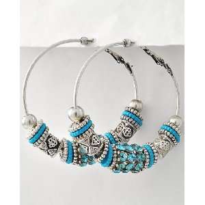   Engraved Turquoise & Silver Beads on Medium Silver Tone Hoop Earrings