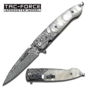 White Pearl Handle Spring Assisted Knife Damascus Etching Blade  