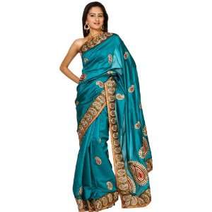 Enamel Blue Handloom Sari from Banaras with Zardozi Embroidered 