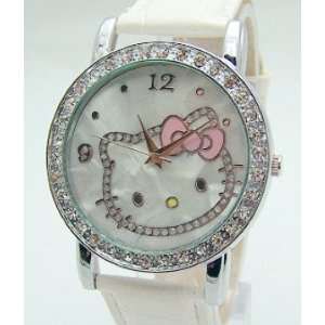  Hello Kitty Crystal Bling White Leather Band WristWatch 