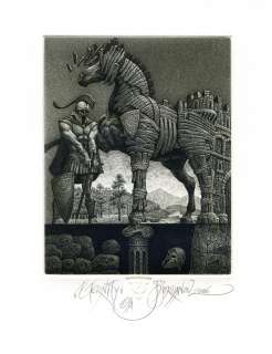 Trojan Horse, Knight, Ex librisEtching by Julian Jordanov  