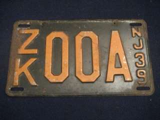 1939 New Jersey License Plate Z/K 00A  