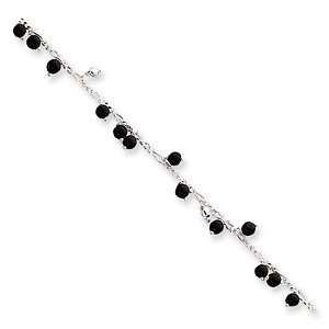   Silver 10in Polished Onyx & Ball Beaded Figaro Anklet Jewelry