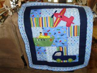 AIRPLANE BOAT TRUCK STRIPE NAVY FLANNEL BABY QUILT NEW  