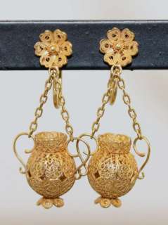 Estate Vintage 14K Yellow Gold Art Nouveau Filigree Dangle Earrings 
