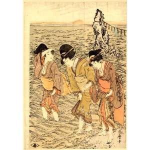  1801 Japanese Print three women walking in the surf at the 