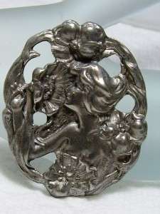 HAUGRUD TINN Art Nouveau Style Pewter Figural Maiden Pin Brooch 1 3/4 