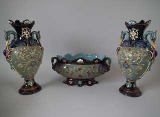 Set of 3 Krause Majolica Heron Handled Vases&Jardiniere  