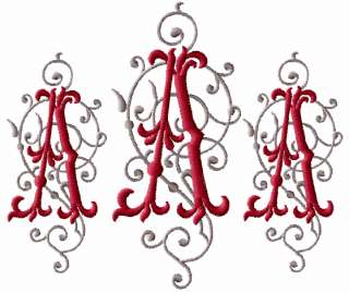 Barocco Initials machine embroidery font   natural size sample