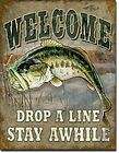 Welcome Bass Fishing Drop A Line Stay Awhile Tin Sign Cave Room Lake 