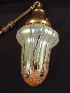 CIRCA 1900 LOETZ ART GLASS ELECTRIC BULLIT SHADE & FANCY BRASS PENDANT 