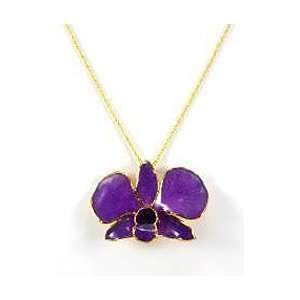  REAL FLOWER Gold Orchid Necklace Pendant Purple & Chain Jewelry