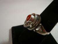SILVER 925 VINTAGE RED STONE LEAF HIDDEN COMPARTMENT POISON RING S10.5 