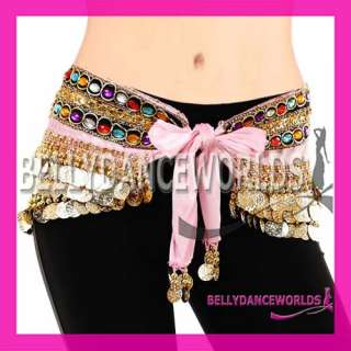 BELLY DANCE FAUX GEMSTONE HIP SCARF SKIRT GOLD COIN 6CL  