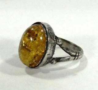 IMPERIAL RUSSIAN RUSSIA STERLING SILVER&HONEY AMBER CABOCHON BEAD RING 