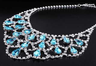 Blue Drops Overspread Bib Necklace Earrings set Czech Rhinestone 