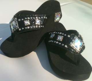 Black Diamond Cut Crystal Jewel Western Rhinestone Flip Flop Sandals 