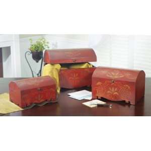  Set of 3 Boxes with Versaille Scroll Design in Antique Red 