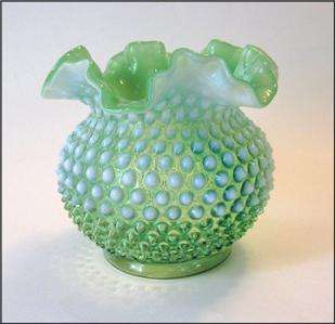 Old Fenton Glass Green Opalescent Hobnail Ruffled Vase  