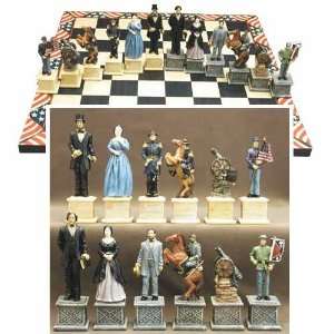  Civil War Chessmen on Painted Wood Board With Copper Inlay 
