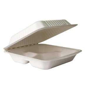  Compostable Sugarcane PLA Lined 3 Compt. Clamshells, 9x9x3 