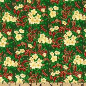 44 Wide Seasons Greetings Flowers and Bows Green Fabric By The Yard