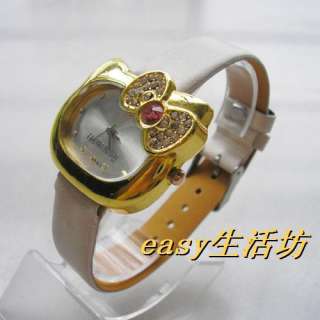 bowknot hellokitty crystal Quartz watches Leather watchband girl watch 