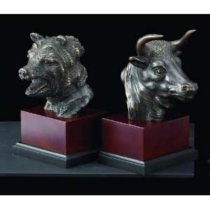    Stock Market, Bronzed Metal on Wood Bookends 