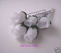 White Silk Rosebud Hair Pins~ Bridal Prom Wedding  
