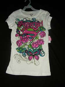 NEW GIRLS WHITE T SHIRT WITH SUPERGIRL LOGO AND ROSES SEQUINS L 10/12 