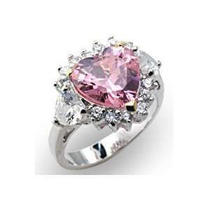  Sterling Silver with Rosette Pink Heart CZ Ring 
