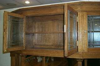   Early 1900s Gothic Mission Oak Leaded Glass Buffet Sideboard Back Bar