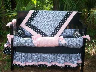 New BLACK DAMASK Pink Minky POLKA DOT Crib Bedding Set  