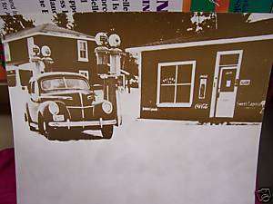 VINTAGE PRINT OF OLD CAR,GAS PUMPS AND COKE SIGN  