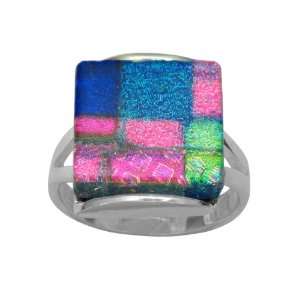   Dichroic Glass Multi Color Pastel Square Shaped Ring, Size 8 Jewelry