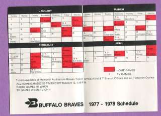 1977 78 NBA Buffalo Braves Basketball Schedule K0438  